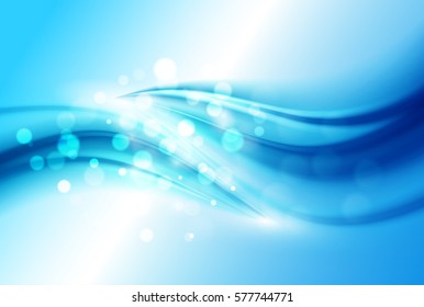 Smooth light blue waves lines and Lens Flares vector abstract background. Bokeh effect