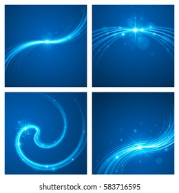 Smooth light blue waves lines and Lens Flares vector abstract set backgrounds. Good for promotion materials, brochures, banners. Abstract Backdrop, Glowing effects.