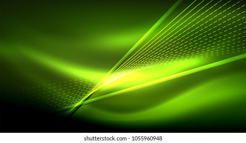 Smooth light effect, straight lines on glowing shiny neon dark background. Energy technology idea. Vector illustration