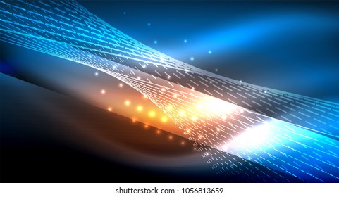 Smooth light effect, straight lines on glowing shiny neon dark background. Energy technology idea. Vector illustration