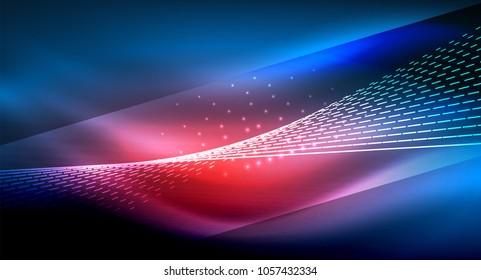 Smooth light effect, straight lines on glowing shiny neon dark background. Energy technology idea. Vector illustration