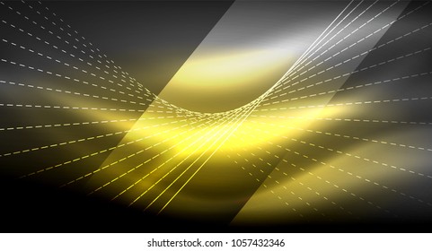 Smooth light effect, straight lines on glowing shiny neon dark background. Energy technology idea. Vector illustration
