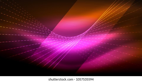 Smooth light effect, straight lines on glowing shiny neon dark background. Energy technology idea. Vector illustration