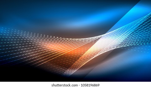Smooth light effect, straight lines on glowing shiny neon dark background. Energy technology idea. Vector illustration