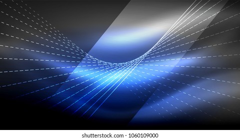 Smooth light effect, straight lines on glowing shiny neon dark background. Energy technology idea. Vector illustration