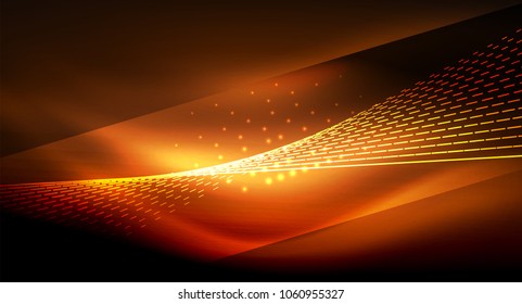 Smooth light effect, straight lines on glowing shiny neon dark background. Energy technology idea. Vector illustration