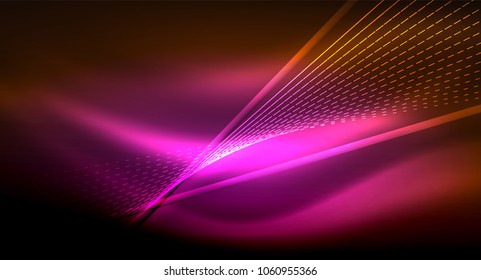 Smooth light effect, straight lines on glowing shiny neon dark background. Energy technology idea. Vector illustration