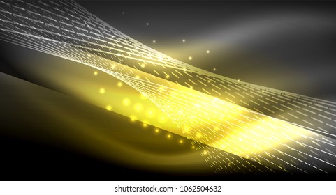 Smooth light effect, straight lines on glowing shiny neon dark background. Energy technology idea. Vector illustration