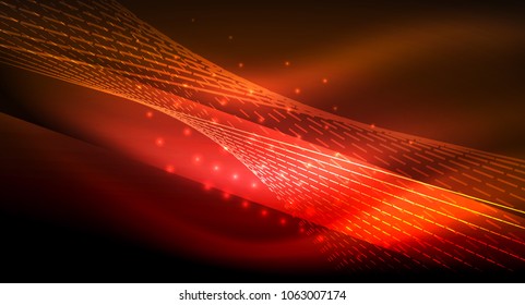 Smooth light effect, straight lines on glowing shiny neon dark background. Energy technology idea. Vector illustration