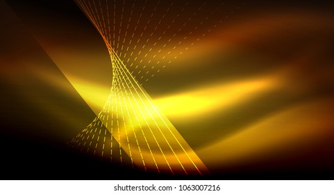 Smooth light effect, straight lines on glowing shiny neon dark background. Energy technology idea. Vector illustration