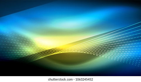 Smooth light effect, straight lines on glowing shiny neon dark background. Energy technology idea. Vector illustration