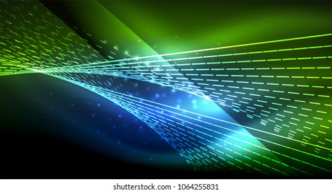 Smooth light effect, straight lines on glowing shiny neon dark background. Energy technology idea. Vector illustration