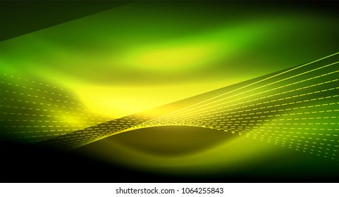 Smooth light effect, straight lines on glowing shiny neon dark background. Energy technology idea. Vector illustration