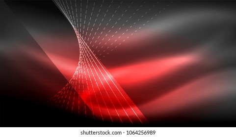 Glättlicher Lichteffekt, gerade Linien auf glänzendem neonfarbenem dunklem Hintergrund. Idee der Energietechnologie. Vektorgrafik
