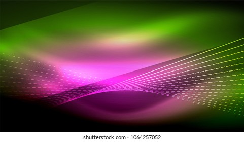 Smooth light effect, straight lines on glowing shiny neon dark background. Energy technology idea. Vector illustration