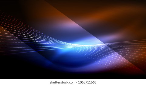 Smooth light effect, straight lines on glowing shiny neon dark background. Energy technology idea. Vector illustration