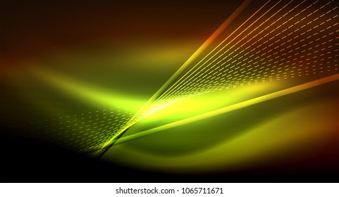 Smooth light effect, straight lines on glowing shiny neon dark background. Energy technology idea. Vector illustration