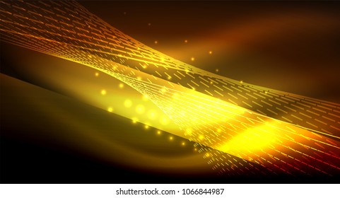 Smooth light effect, straight lines on glowing shiny neon dark background. Energy technology idea. Vector illustration