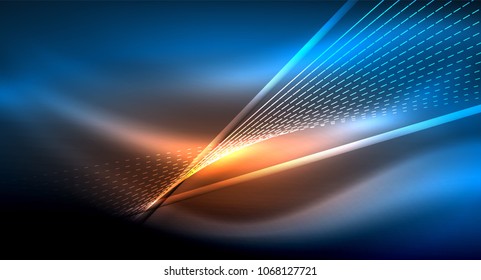Smooth light effect, straight lines on glowing shiny neon dark background. Energy technology idea. Vector illustration