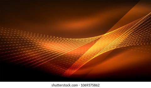 Smooth light effect, straight lines on glowing shiny neon dark background. Energy technology idea. Vector illustration