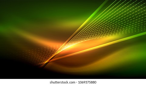 Smooth light effect, straight lines on glowing shiny neon dark background. Energy technology idea. Vector illustration
