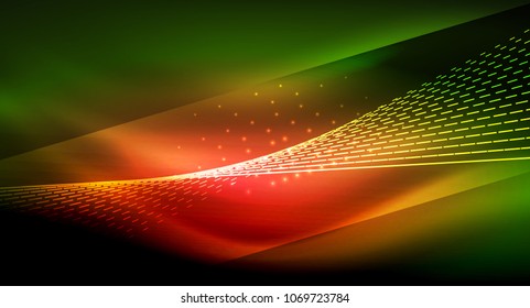 Smooth light effect, straight lines on glowing shiny neon dark background. Energy technology idea. Vector illustration