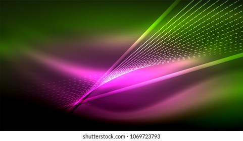 Smooth light effect, straight lines on glowing shiny neon dark background. Energy technology idea. Vector illustration