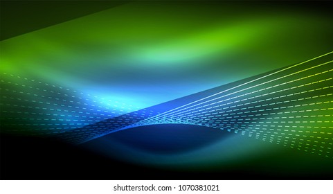 Glättlicher Lichteffekt, gerade Linien auf glänzendem neonfarbenem dunklem Hintergrund. Idee der Energietechnologie. Vektorgrafik