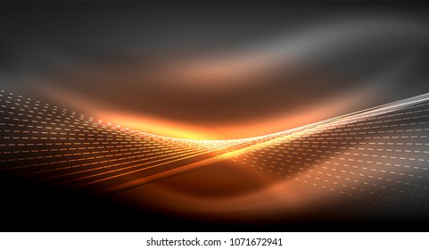 Smooth light effect, straight lines on glowing shiny neon dark background. Energy technology idea. Vector illustration