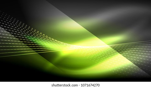 Smooth light effect, straight lines on glowing shiny neon dark background. Energy technology idea. Vector illustration