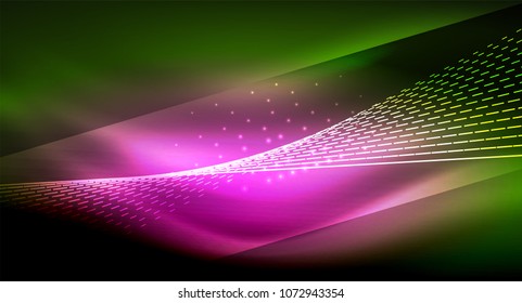 Glättlicher Lichteffekt, gerade Linien auf glänzendem neonfarbenem dunklem Hintergrund. Idee der Energietechnologie. Vektorgrafik