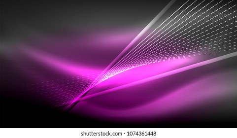 Smooth light effect, straight lines on glowing shiny neon dark background. Energy technology idea. Vector illustration