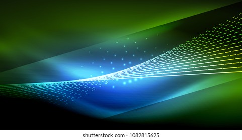 Glättlicher Lichteffekt, gerade Linien auf glänzendem neonfarbenem dunklem Hintergrund. Idee der Energietechnologie. Vektorgrafik
