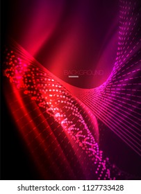 Smooth light effect, straight lines on glowing shiny neon dark background. Energy technology idea. Vector illustration