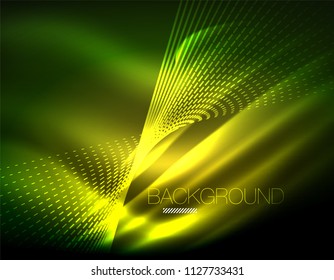 Smooth light effect, straight lines on glowing shiny neon dark background. Energy technology idea. Vector illustration