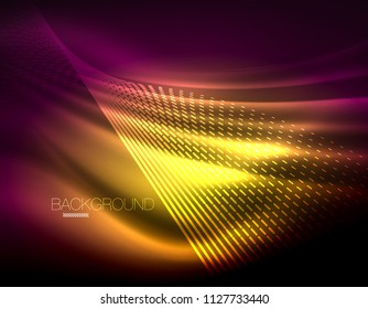 Smooth light effect, straight lines on glowing shiny neon dark background. Energy technology idea. Vector illustration