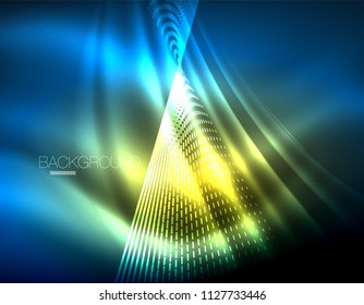 Smooth light effect, straight lines on glowing shiny neon dark background. Energy technology idea. Vector illustration