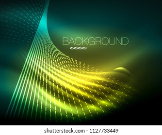 Smooth light effect, straight lines on glowing shiny neon dark background. Energy technology idea. Vector illustration