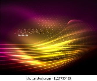 Smooth light effect, straight lines on glowing shiny neon dark background. Energy technology idea. Vector illustration