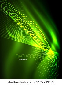Smooth light effect, straight lines on glowing shiny neon dark background. Energy technology idea. Vector illustration