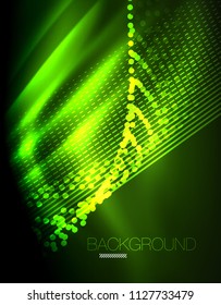 Smooth light effect, straight lines on glowing shiny neon dark background. Energy technology idea. Vector illustration