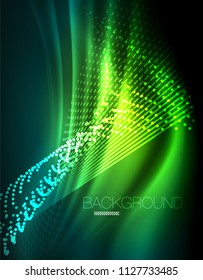 Smooth light effect, straight lines on glowing shiny neon dark background. Energy technology idea. Vector illustration