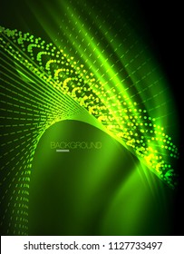 Smooth light effect, straight lines on glowing shiny neon dark background. Energy technology idea. Vector illustration