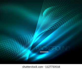 Smooth light effect, straight lines on glowing shiny neon dark background. Energy technology idea. Vector illustration