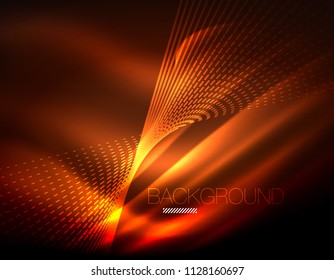 Smooth light effect, straight lines on glowing shiny neon dark background. Energy technology idea. Vector illustration