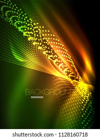 Smooth light effect, straight lines on glowing shiny neon dark background. Energy technology idea. Vector illustration