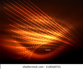 Smooth light effect, straight lines on glowing shiny neon dark background. Energy technology idea. Vector illustration