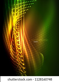 Smooth light effect, straight lines on glowing shiny neon dark background. Energy technology idea. Vector illustration