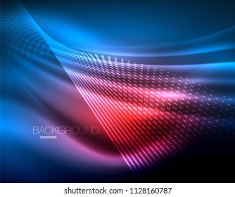 Smooth light effect, straight lines on glowing shiny neon dark background. Energy technology idea. Vector illustration