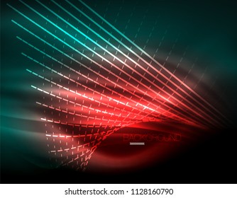 Smooth light effect, straight lines on glowing shiny neon dark background. Energy technology idea. Vector illustration